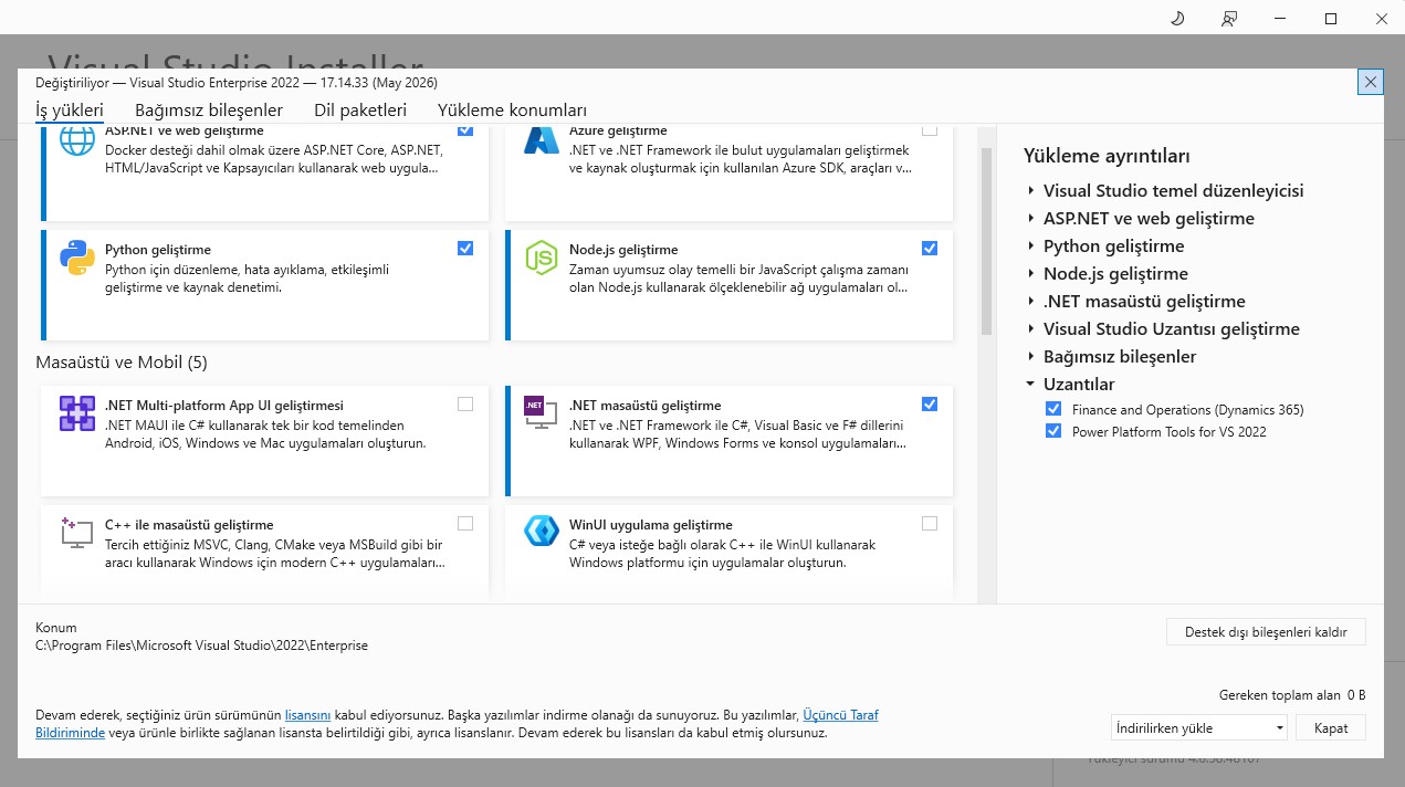 Dynamics 365 F&O UDE Visual Studio installation screenshot