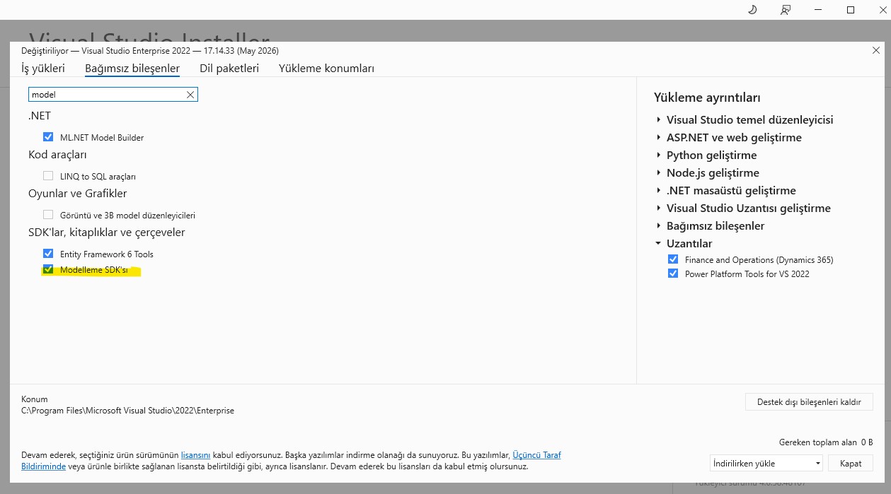 Dynamics 365 F&O UDE Visual Studio installation screenshot