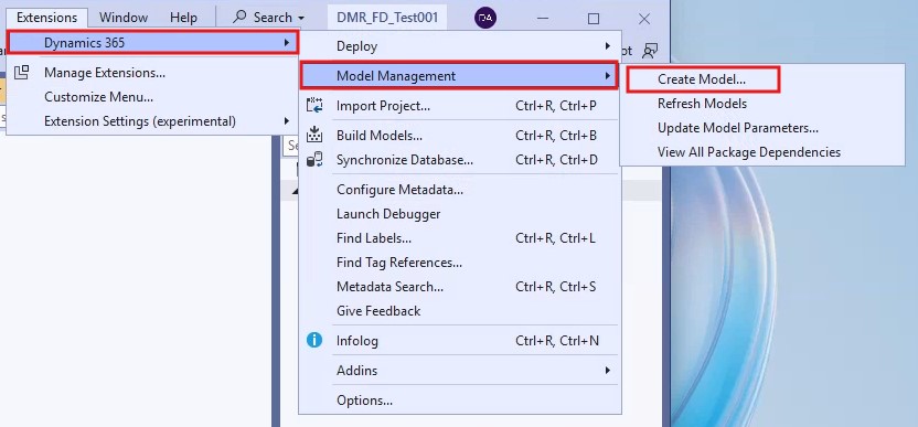 Visual Studio Dynamics 365 menüsünden Create Model seçimi