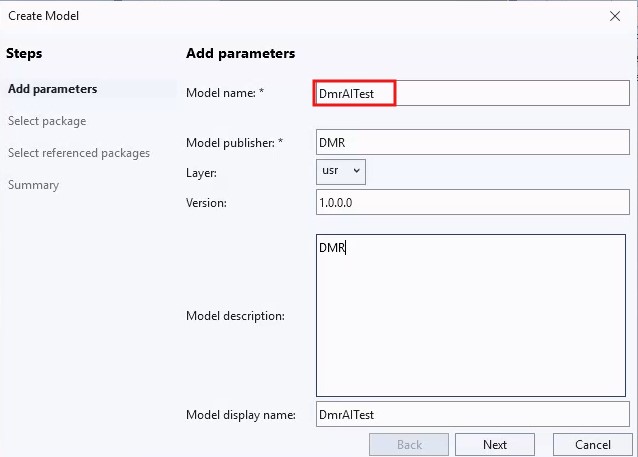Create model wizard model parametreleri