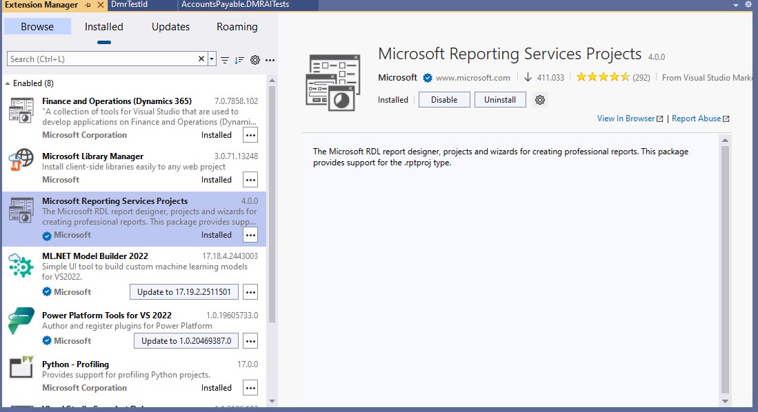 Dynamics 365 F&O UDE Visual Studio installation screenshot