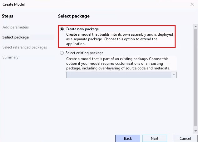 Create model wizard içinde yeni package seçimi