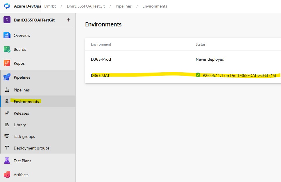 Image01 Azure DevOps Environments showing D365-UAT and D365-Prod