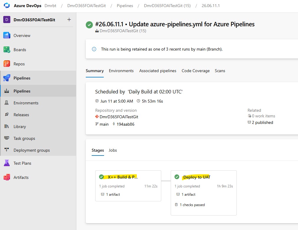 Image04 Azure DevOps pipeline run with the Build and Deploy to UAT stages completed