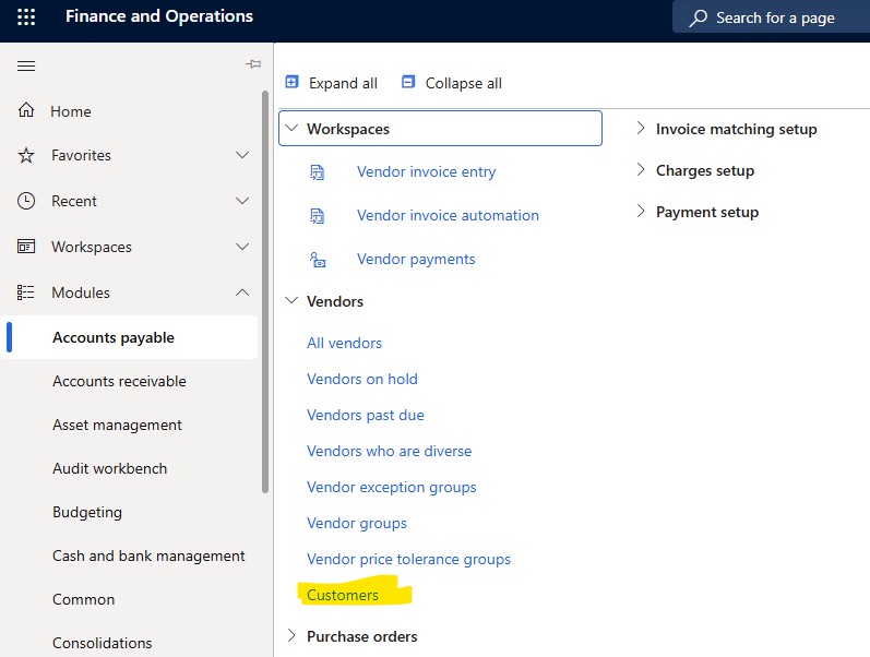 Image07 Customers menu item under Accounts payable in the UAT environment